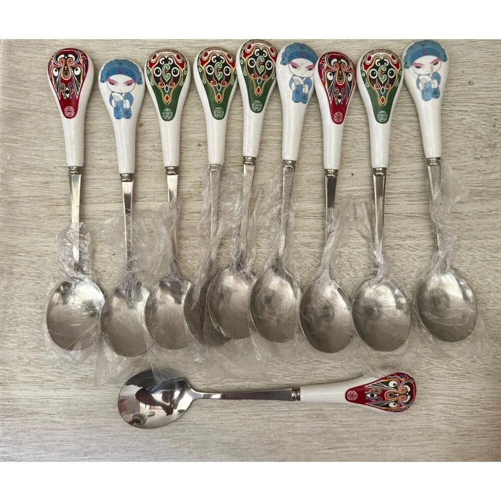 Vintage Chinese Opera Mask Spoons Set 10pc Ceramic Handle Stainless Steel NOS